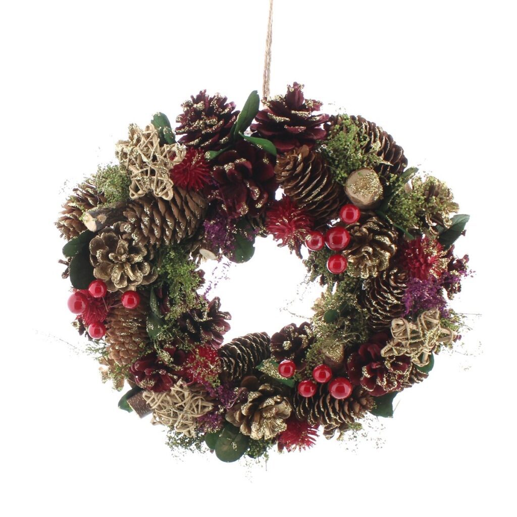 Festive 30cm Red Berry & Gold Pinecone Christmas Wreath 5020244240371 2